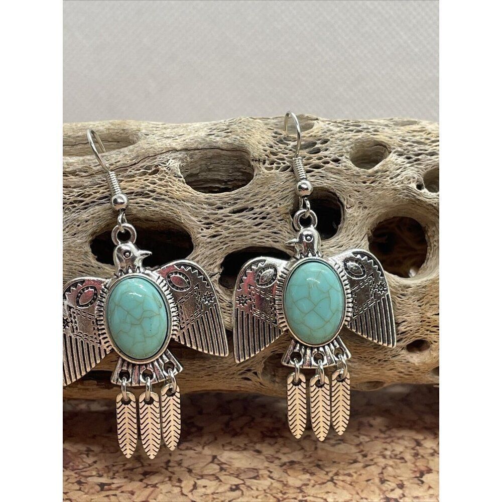 SILVER THUNDERBIRD T-BIRD EARRINGS SOUTHWEST WESTERN AZTEC BIRD Feather Long - Picture 2 of 7